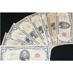 1963 United States Note $5, Red Seal, lot of 10