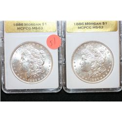 1886 Silver Morgan $1, MCPCG Graded MS63, lot of 2