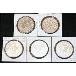 1961, 1962, 1963, 1964 & 1965 Mexico Un Peso Foreign Coin, Silver, lot of 5