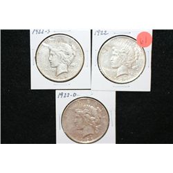 1922, 1922-S, 1922-D Peace $1, lot of 3
