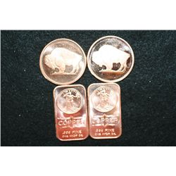 2011 Buffalo Copper Round, .999 Fine 1 Oz., lot of 2 & 2012 Copper Ingot, .999 Fine 1 Oz., lot of 2