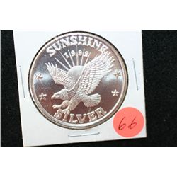 1992 Sunshine Silver Mining Silver Round, .999 Fine 1 Oz.