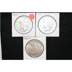 1923, 1923-D & 1923-S Peace $1, lot of 3