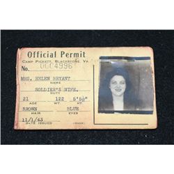Official Permit, Camp Pickett, Blackstone VA; Mrs. Helen Bryant-Soldier's Wife dated 1943