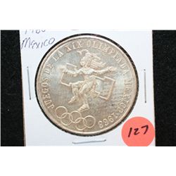 1968 Mexico Olympic 25 Pesos Foreign Coin, Ley 0.720