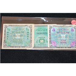 German Military Certificate, Half Mark, Deux Francs & Funf Mark, lot of 3