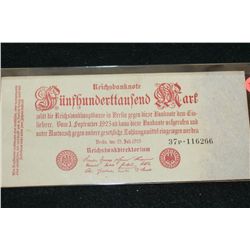 1923 German Funfhunderffaufend Mark Foreign Bank Note