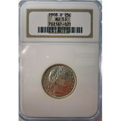 1908-O BARBER QUARTER NGC AU53 NICE