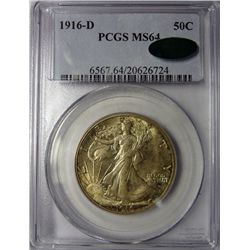 1916-D WALKING LIBERTY HALF DOLLAR PCGS MS64 CAC APPROVED