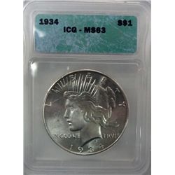 1934 PEACE DOLLAR ICG MS63 NICE!