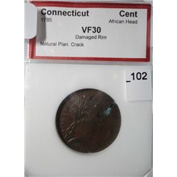1785 CONNECTICUT AFRICAN HEAD PCI VF-30 DAMAGED RIM