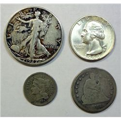 Collector lot:  1869 3 ct nick  VG-1861 quarter-1940S quarter  BU