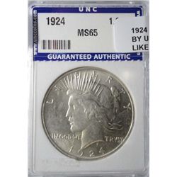 1924 PEACE DOLLAR GRADED BY UNC MS-65