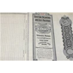 Choctaw, Oklahoma and Gulf Railroad Co. Stock Certificate Dated 1852 {Est. 60-150}