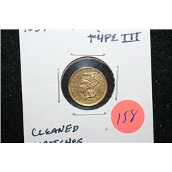1857 Indian Princess $1 Gold Coin, Type III, Cleaned Scratches