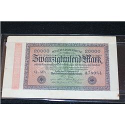 1923 German 20,000 Swanzigfaulend Mark Foreign Bank Note