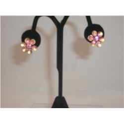 Pretty Floral Style Vintage Earrings.  Goldtone With Pink Rhinestones/Crystals Post 3/4"