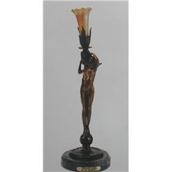 "Female Candlestick" Bronze Sculpture Lamp - A. Moreau