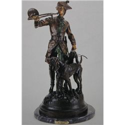  Hunter With Horns & Hounds  Bronze Sculpture - A. Moreau