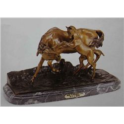 "Mare With Rearing Colt" Bronze Sculpture - Mene