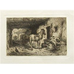 Peter Moran Original Etching  Noonday Rest 