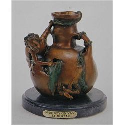 "Nude Boy On Vase" Bronze Sculpture - A. Moreau