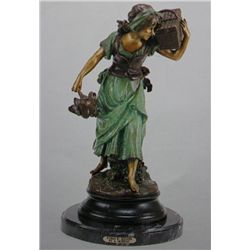 "Woman With Rooster" Bronze Sculpture - A. Moreau