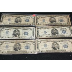 1934-A US Silver Certificate $5, Blue Seal, Lot of 6