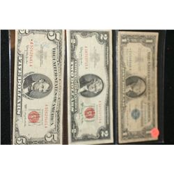 1957-A US Silver Certificate $1, Blue Seal, 1963 United States Note $5, Red Seal, and 1963-A United 