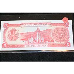 1989 Venezuela Cinco Bolivares Foreign Bank Note