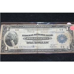 1914 US National Currency Bank Note $1, Philadelphia PA Reserve, Large Washington Bill