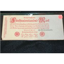 1923 German Funfhunderffaufend Mark Foreign Bank Note