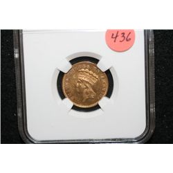1860 Indian Princess $3 Gold Coin, NGC Graded UNC Details Improperly Cleaned