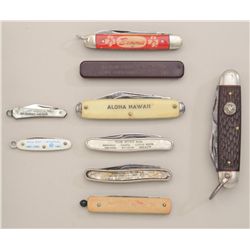 Small lot of 9 advertising pocket knives  including a Boy Scout folder, a Brownie  folder, an “Aloha