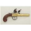 Brass flintlock single shot pistol by E.  Bond, 45 Cornhill, .44 cal., 3-1/2” barrel,  wood grips. T