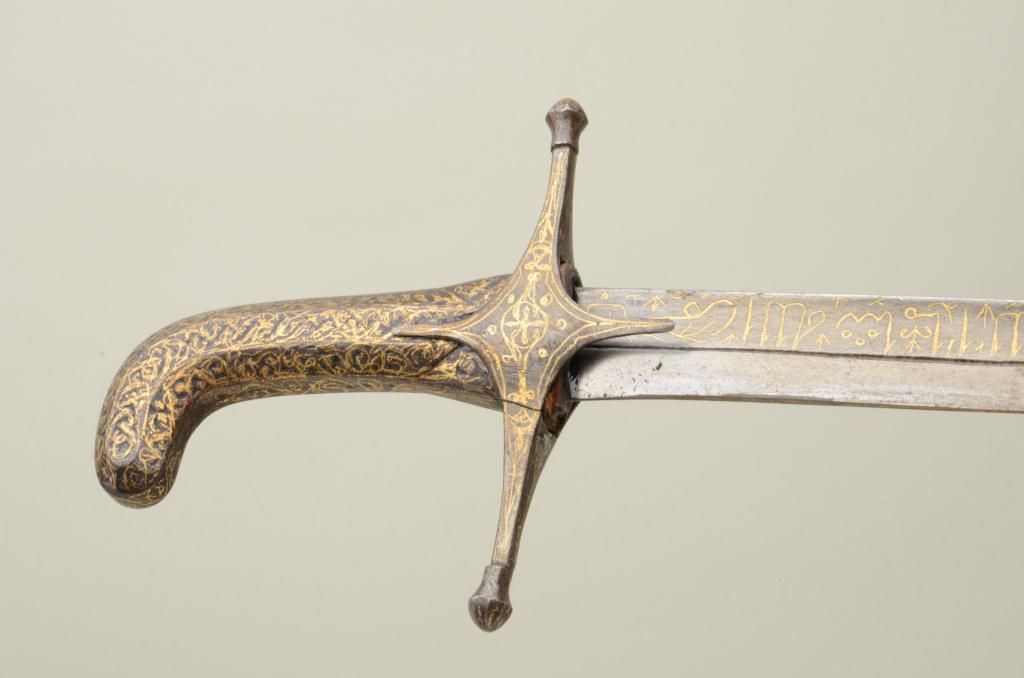 Mid-eastern sword with gold inlaid grip, mounts and blade, circa 18th ...