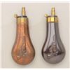 Image 1 : Lot of 2 mid-19th century pistol flasks:  #1  shows a portrait of square guard Colt Pocket  Model on