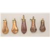 Image 1 : Good lot of 5 pistol size mid-19th century  powder flasks.  #1 shows a square back Colt  Model 1849 