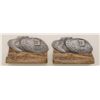 Image 1 : Pair of cast metal bookends, circa WWI,  painted poly-chrome, showing early tanks on  battlefield.  
