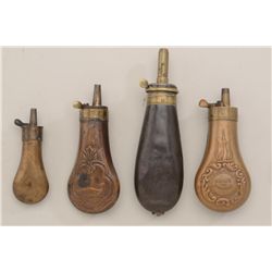 Lot of 4 mid-19th century style pistol  flasks:  #1 small derringer type percussion  flask, measures