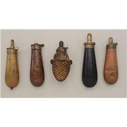 Lot of European flasks from 19th century.   Number 1 shotgun flask with body of acorn,  good conditi