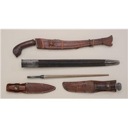 Misc. lot including a British Enfield leather  scabbard with metal throat and tip; a U.S.N.  MK I kn