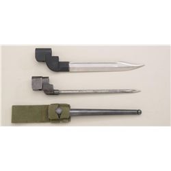 Lot of two Enfield bayonets; one a spike  variation with round metal scabbard and olive  green woven