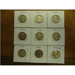 9 SILVER QUARTERS 1929 & 30 STANDING LIBS, 36-D,