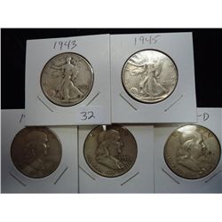 1943,45,49-D,57-D & 62-D HALF DOLLARS