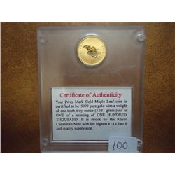 1997 CANADA GOLD $5 1/10 OZ. .9999 PURE UNC