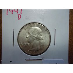 1947-D WASHINGTON SILVER QUARTER AU
