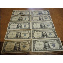 10 ASSORTED 1957 $1 SILVER CERTIFICATES