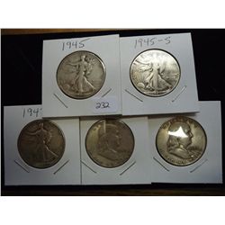 1945,45-S,47-D,49-S & 53-D HALF DOLLARS