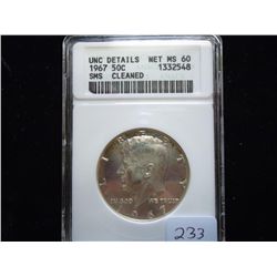 1967 SMS KENNEDY HALF $ ANACS UNC DETAILS NET MS60